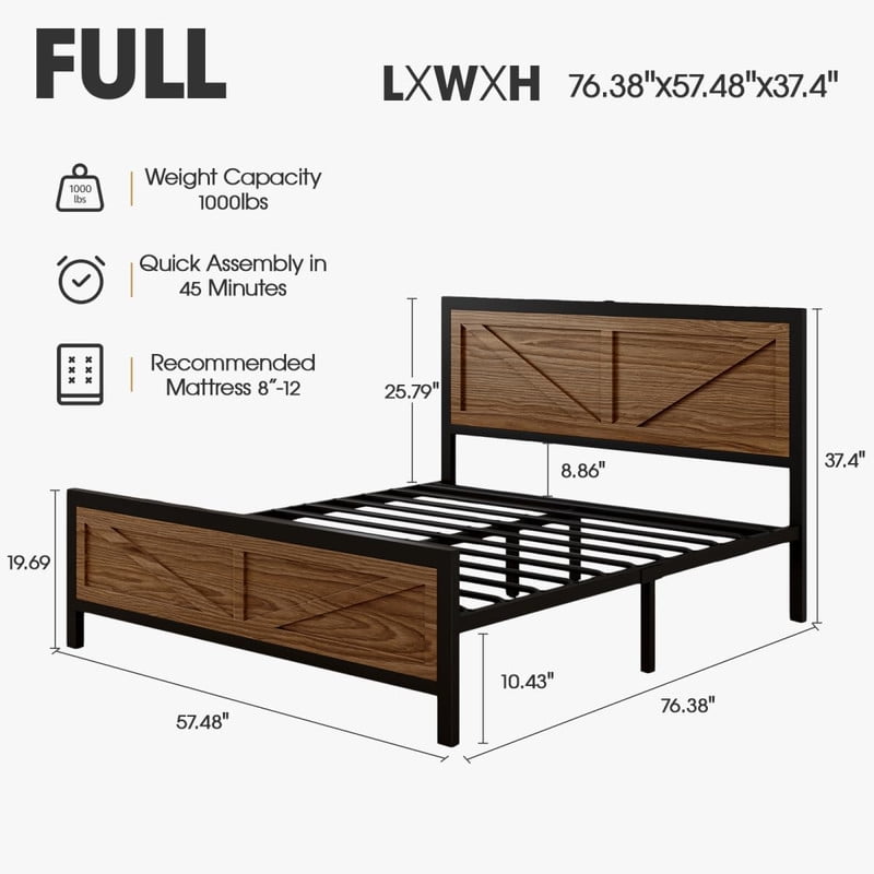 Rustic Bed Frame Full Size with Barn Door Headboard, LED Bed Frame with Charging Station, Industrial Platform Metal Bed Frames, No Box Spring Needed, Easy Assembly, Brown