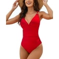 thumbnail image 1 of Charmo Women Ribbed One Piece Swimsuits V Neck Ruched Tummy Control Monokini Bathing Suit, 1 of 6