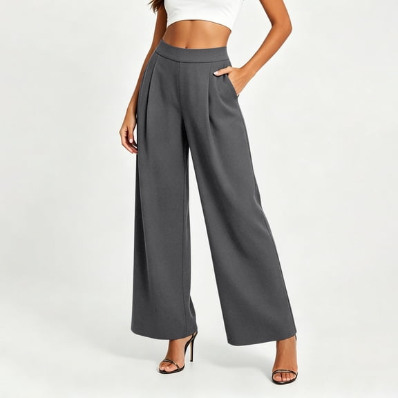 Oiangi Wide Leg Dress Pants for Women High Waist Stretchy Ruched Slacks Casual Basic Business Work Trousers with Pockets Dark Gray S