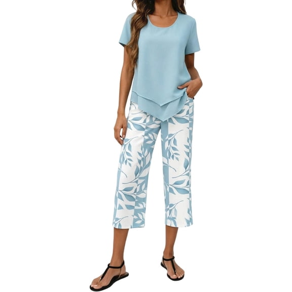 XIAOCHA Womens Chic Two Piece Outfit Short Sleeve Leaf Print Cropped Pants Casual Set