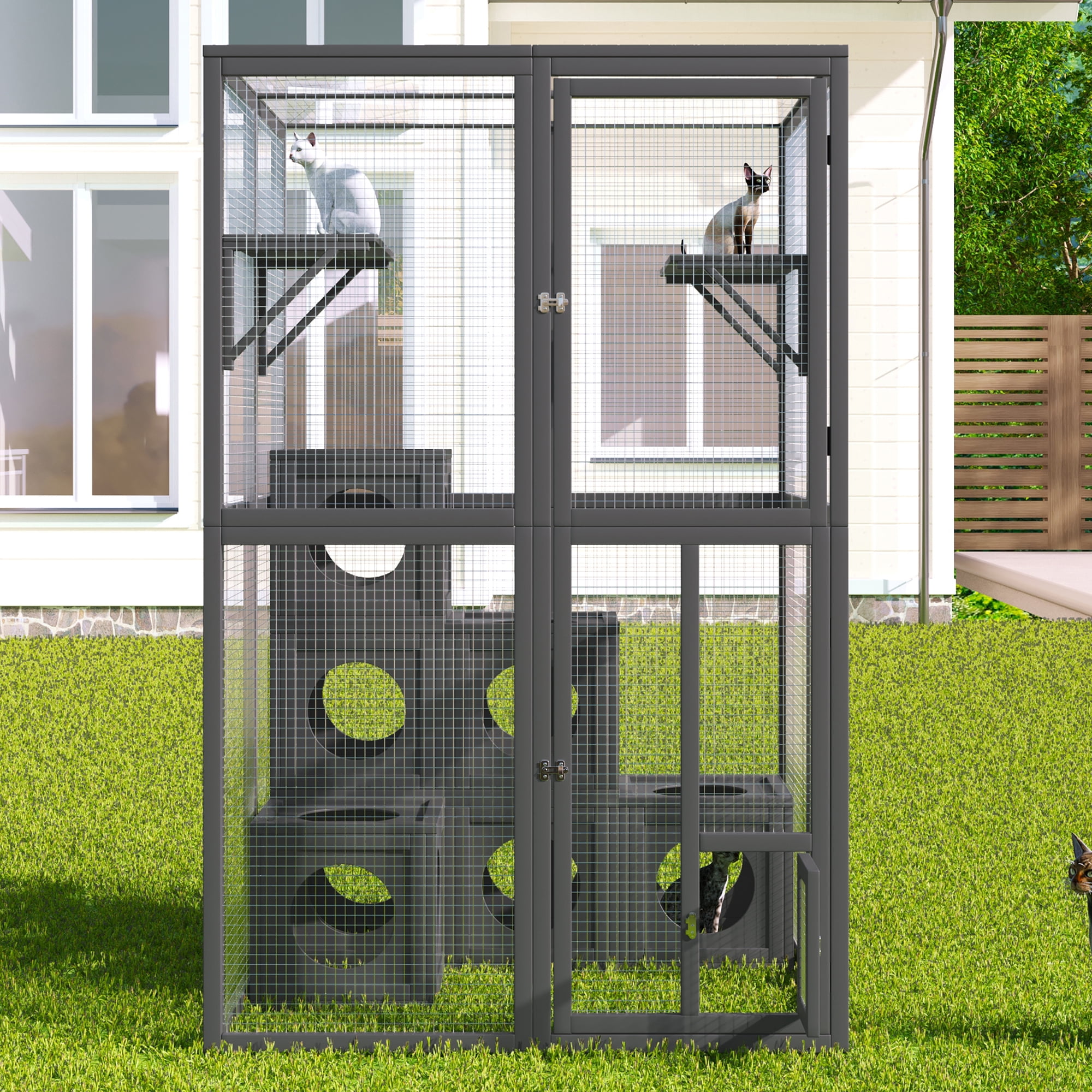 Euroco Outdoor Cat Catio Cat shelves Grey pine wood Playground Cat Weather protection With 7 Freely Combination wood boxes, Double Enter Doors