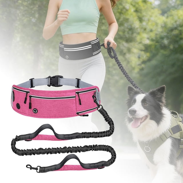 Correa reflectante para perros con manos libres, cinturón ajustable, cómoda, con bolsillos y asas acolchadas dobles para correr y excursiones al Rosa