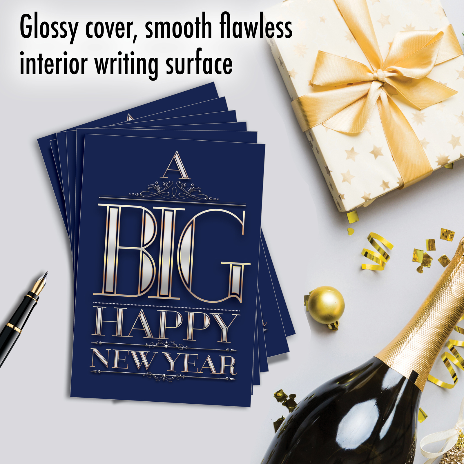 12 Funny New Year Greeting Cards (1 Design, 12 Cards) - Big Happy -Elegant