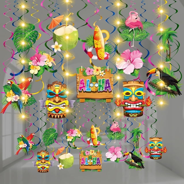 Decoraciones de fiesta Skyygemm Hawaiian Luau de 56 piezas con luces