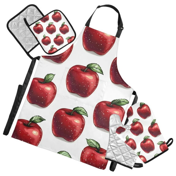 Red Apples Pattern Oven Mitts and Pot Holders with Chef Apron Set 5 Pcs Kitchen Cooking Set