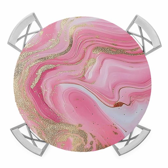 Pink Marble Round Tablecloth for 55-60 Inch Tables, Fitted Table Cover with Elastic Edge, Modern Abstract Luxury Golden Artwork Waterproof Outdoor Table Cloth Protector for Patio Garden Dinner Picnic