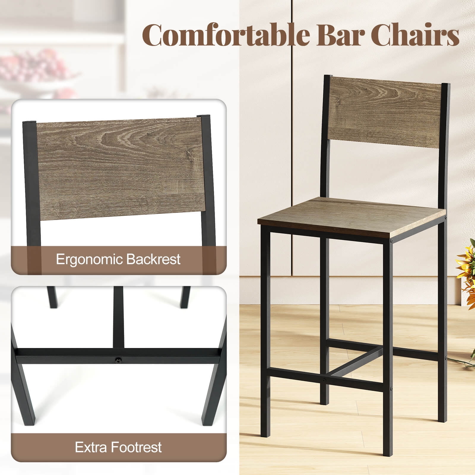 Costway 3 PCS Bar Table & Chair Set Kitchen Table with 2 Bar Stools for Small Space