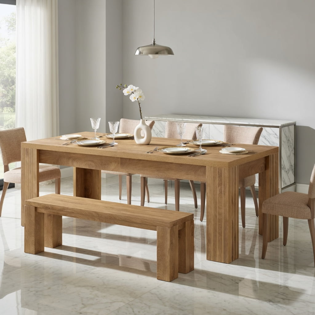 Hommoo 78.7 Inch Farmhouse Dining Table for 6–10 People, Rectangular Kitchen Table, Scratch-Resistant MDF Surface, Easy Assembly, Brown