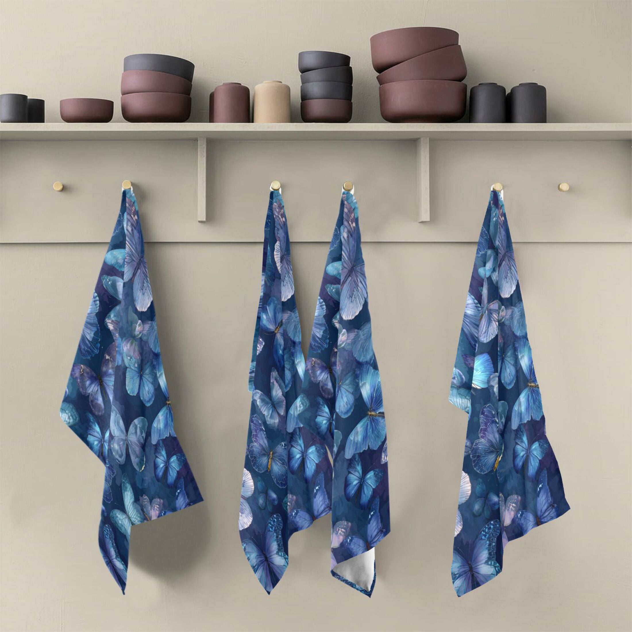 Qxltty Pretty Blue Butterfly Kitchen Towels 28 x 18 Inch Set of 6 Soft Cotton Linen Feel Dish Towels with Hanging Loop for Drying, Cleaning & Decor