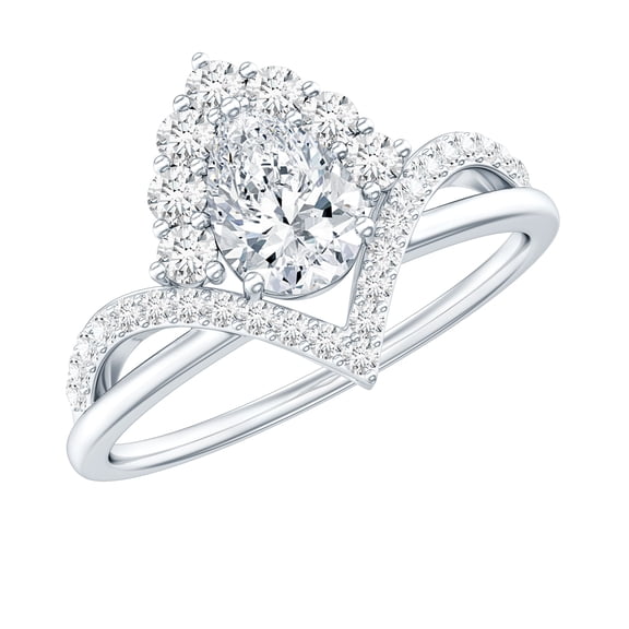 Rosec Jewels Pear Shape Moissanite Engagement Ring, Designer V Shape Ring - 5X7 mm, 925 Sterling Silver, US 4.00