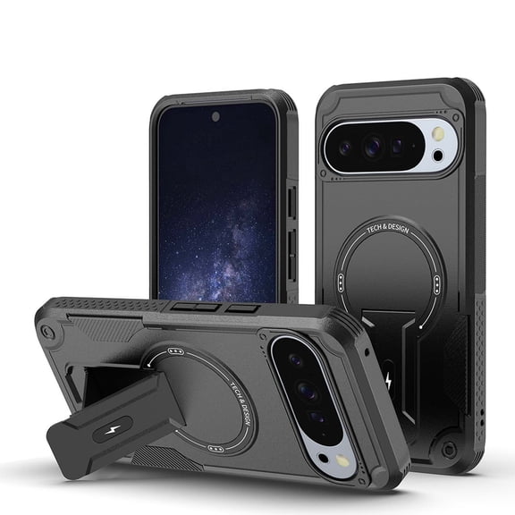 for Google Pixel 10 /10 Pro Phone Case with Adjustable Kickstand,Compatible with Mag-Safe Shockproof Anti-fall Bumper Cases Heavy-Duty Rugged Magnetic Protective Phone Case Cover,Black