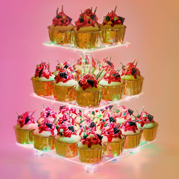 Cupcake Stand Acrylic Cupcake Tower Display with LED Light Premium Cupcake Holder Dessert Tree Tower for Birthday Cady Bar Party Décor Weddings Birthday Parties Events (Yellow Li