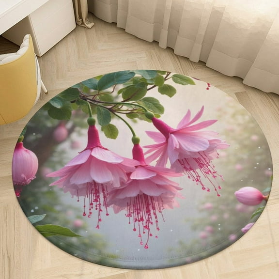 Pink Fuchsia Blossoms Round Area Rugs for Bedroom Living Room, 3FT Soft Indoor Circle Carpets, Carpet Home Decor Floor Mat