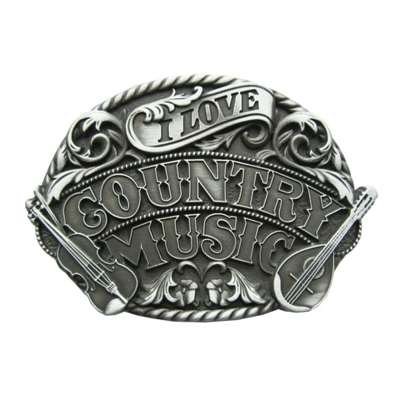 Antique Silver I Love Western Country Music Belt Buckle