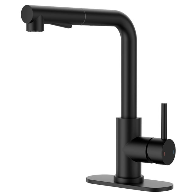 APPASO Matte Black Bar Sink Faucet, Stainless Steel, Pull Out Sprayer, Modern Single Handle Mini Prep Faucet for RV Outdoor, Deck Plate Included