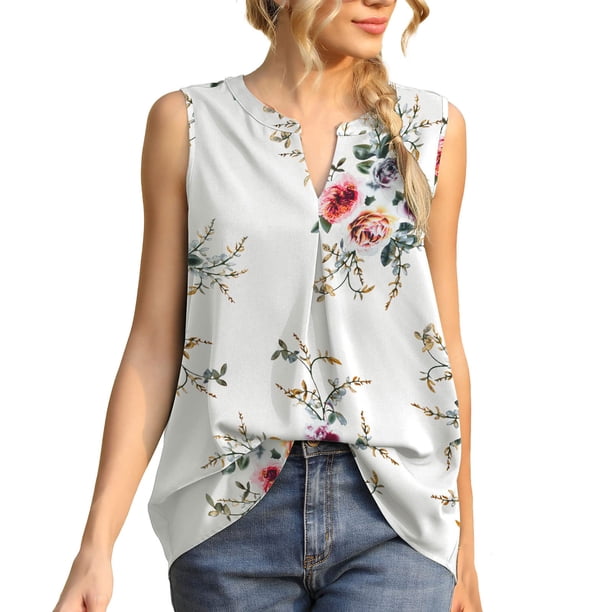 Las mujeres camisetas sin mangas Blusa de verano para mujer Camisa informal Sin mangas Top con cuello en V Camisa plisada informal Camiseta sin mangas de color sólido (White, XL)