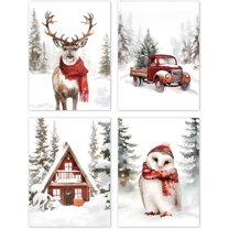 Hieng Vintage Winter Christmas Posters Prints Unframed Set of 4, Rustic Christmas Tree Wall Art Prints Decor for Living Room Bedroom Reading Nook Corner, Santa Claus Books Wall Pictures