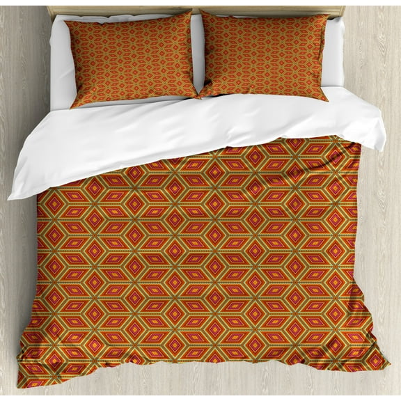 Ethnic King Size Duvet Cover Set, Oriental Motifs Swirls and Dots inside Bullseye Rhombuses Classic South Asian Motifs, Decorative 3 Piece Bedding Set with 2 Pillow Shams, Multicolor, by Ambesonne