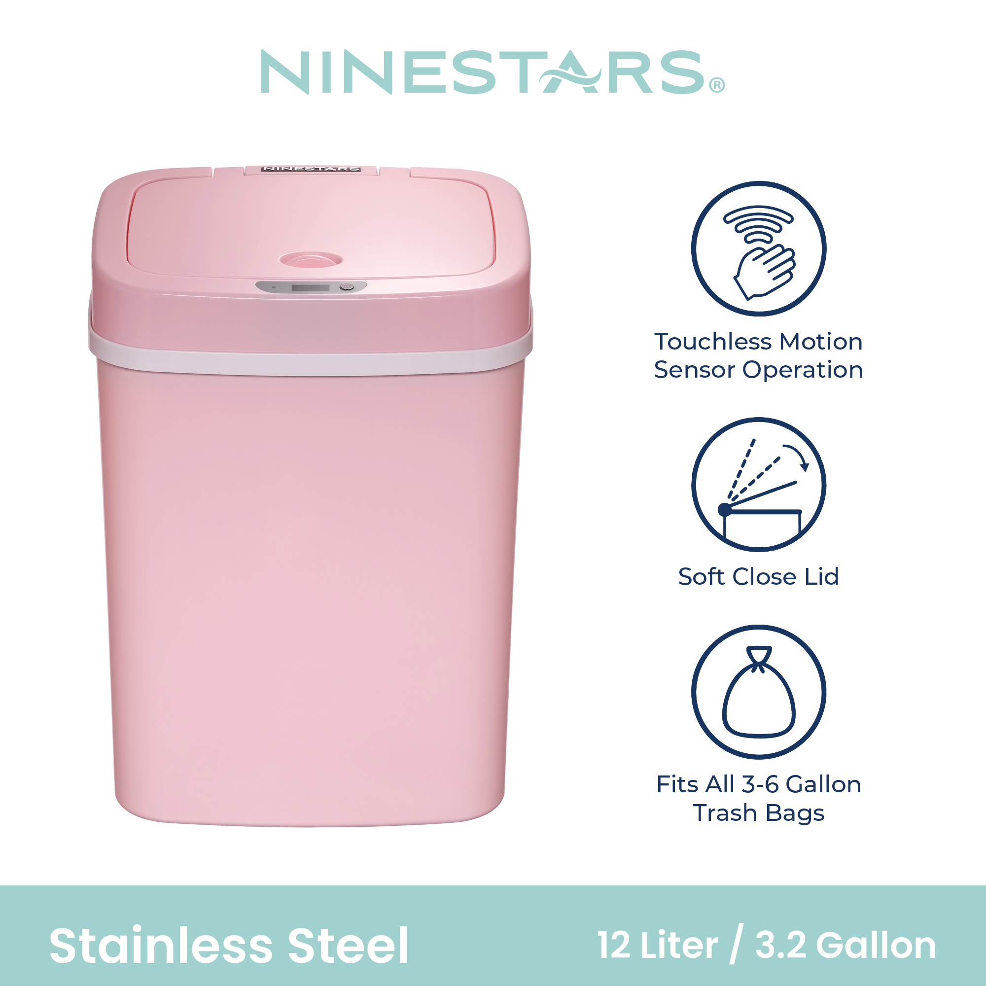 Nine Stars Automatic Bathroom Trash Can, 3 Gallon Plastic Motion Sensor Garbage Bin with Soft Close Lid, Pink