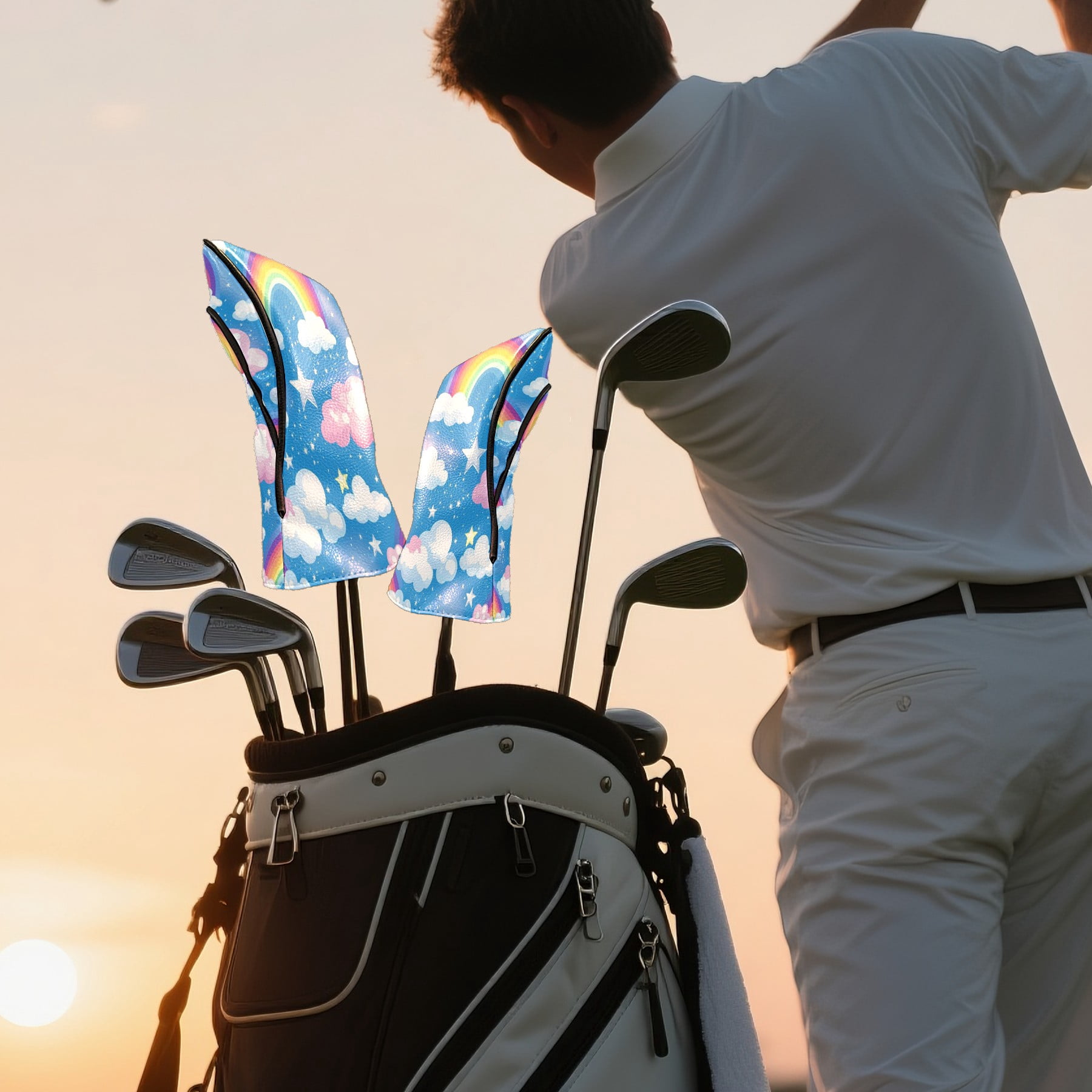 Golf Club Covers PU Leather Waterproof Head Covers for Fairway Woods Hybrids White Clouds Rainbow Unisex Fits Most Brands