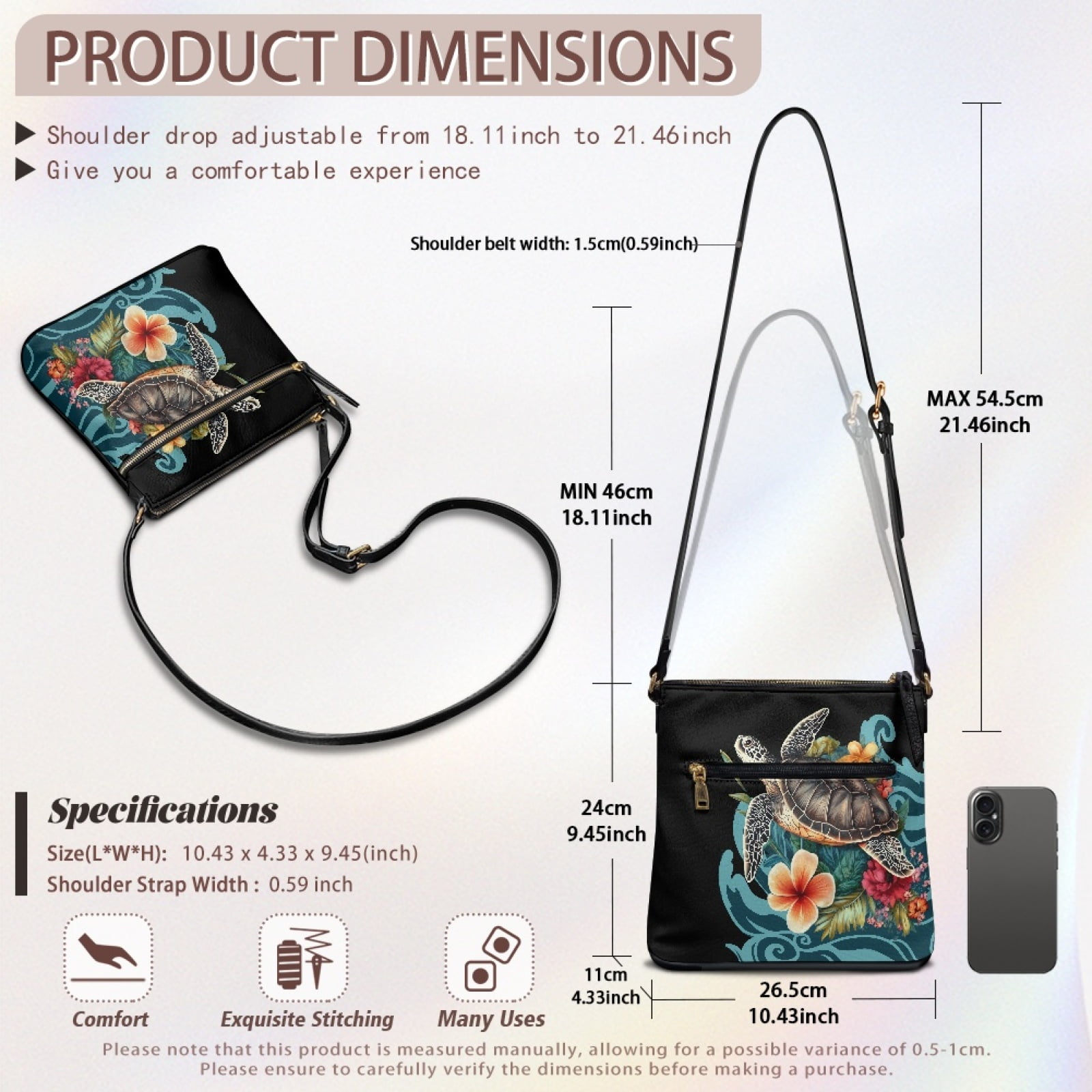 LedBack Sea Turtle Print Leather Purse for Women Crossbody Hobo Bag Satchel Purse with Adjustable Strap, Portable Shoulder Purse Messenger Bag with Multi Pockets, Black and Blue