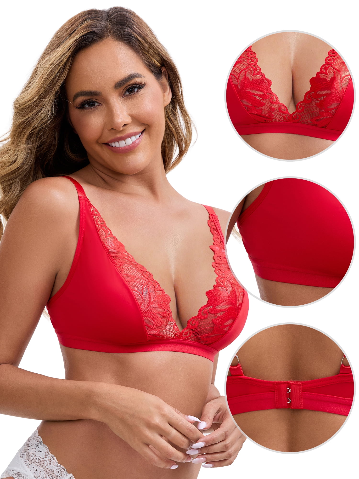 DARING DIVA Lace Bras Deep V Plunge Adjustable Straps Triangle Bralette M Red