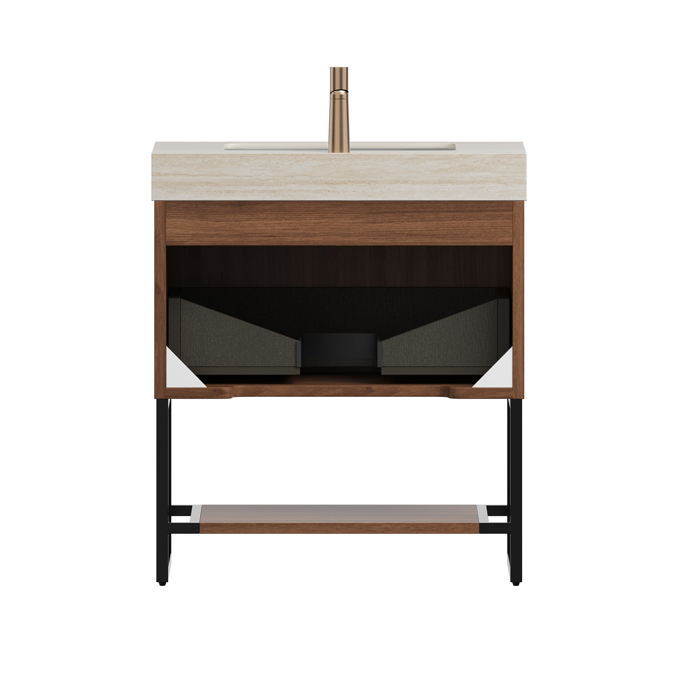 30" Pre-assembled Freestanding Bathroom Vanity with Sintered Stone Top, Drawer and Open Shelf Storage Cabinet