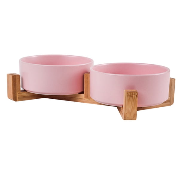 Cuenco de cerámica para perros y gatos con soporte de madera, juego de agua y comida ponderada mate antideslizante para gatos y perros pequeños