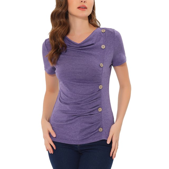 INSPIRE CHIC T-shirt Basique Décontracté pour Femme à Col Bénitier, Manches Courtes, Décor de Boutons, devant Froncé, Violet, TP