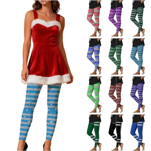 QIUOMBBP Watermelon Red Women's Rainbow Striped Leggings Stretchy Workout Pants Ugly Christmas Leggings High Waisted Tights S