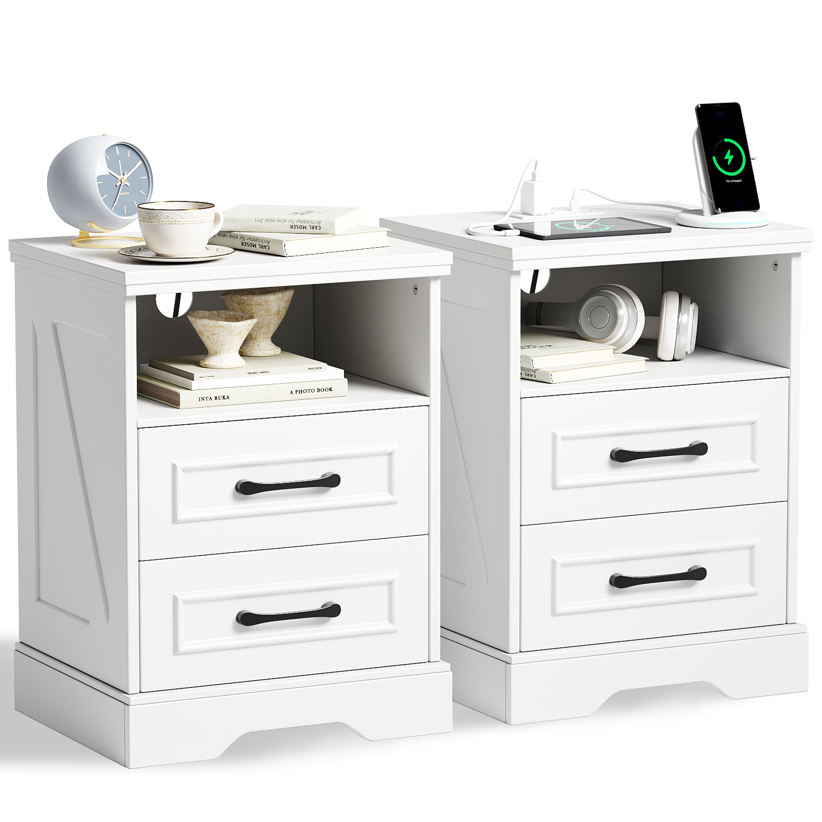 Nightstand Set of 2 with Charging Station, Farmhouse End Table with 2 Drawers Storage Side Table Bedside Cabinet for Bedroom Living Room