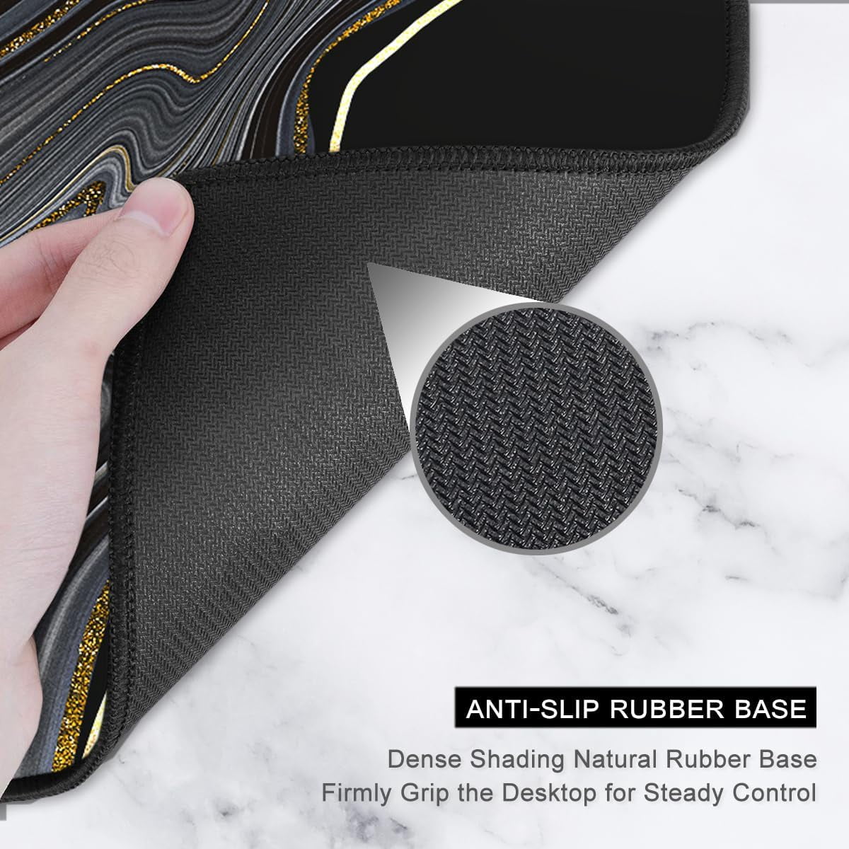 Extended Mouse Pad, XXL Desk Pad Gaming Mousepad, Large Big Laptop Computer Keyboard Desk Mat with Non-Slip Base Stitched Edge for Gaming Office Men Women, 35.5 x 15.7 in, Black Marble