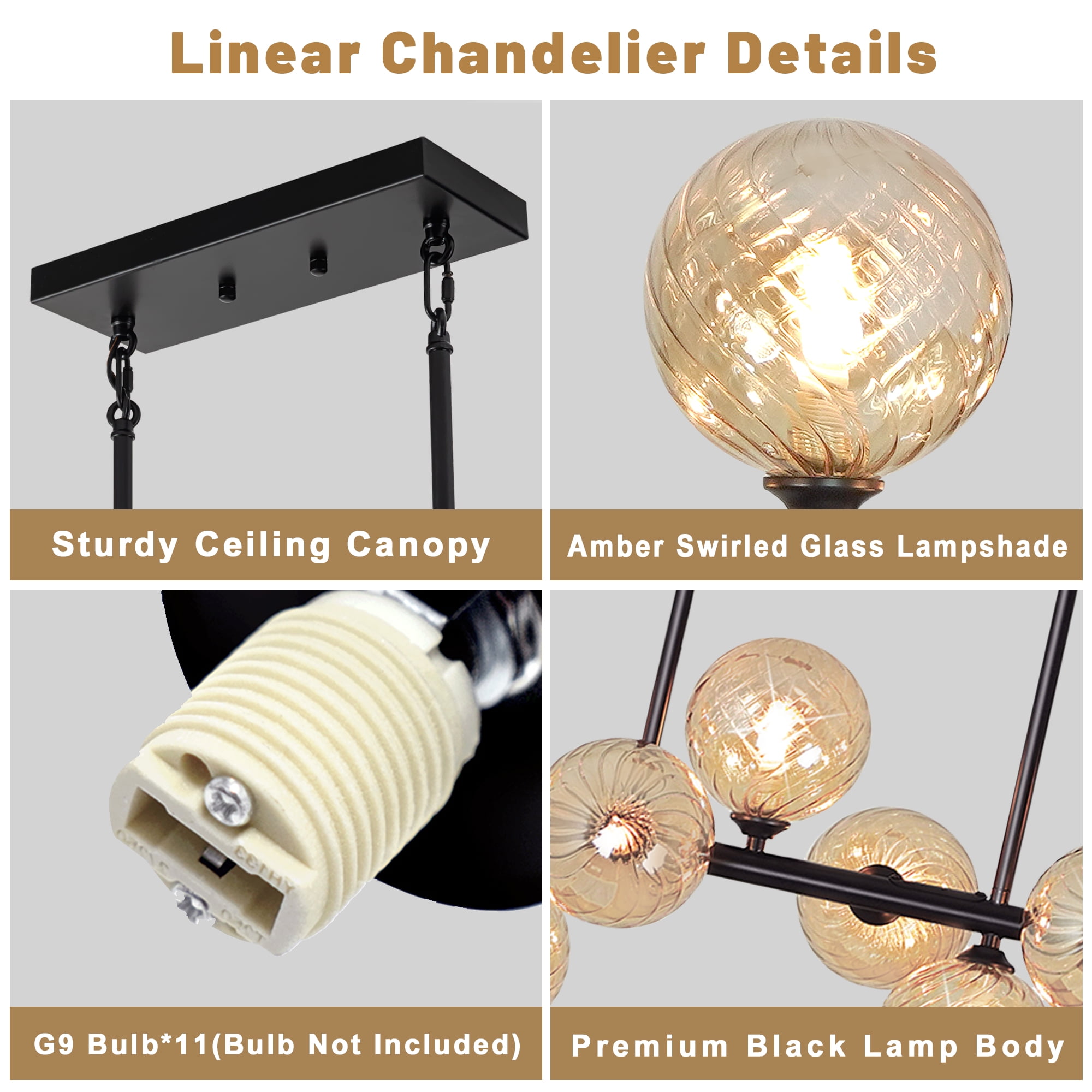 Lzawvm Linear Chandelier for Dining Room with Amber Swirled Glass Globe Dining Room Light Fixture 11-Lights Pendant Lights Kitchen Island for Living Room Sputnik Black 51inch