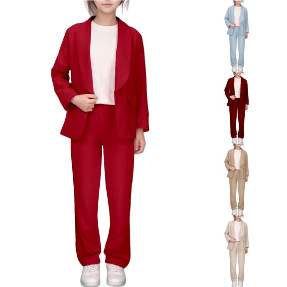 FYDUU Girls Formal Suit Set Casual Solid Color Lapel Jacket Button Open Front Long Sleeve Blazers and Pants Suit Sets Kids Outfits 11-12 Years