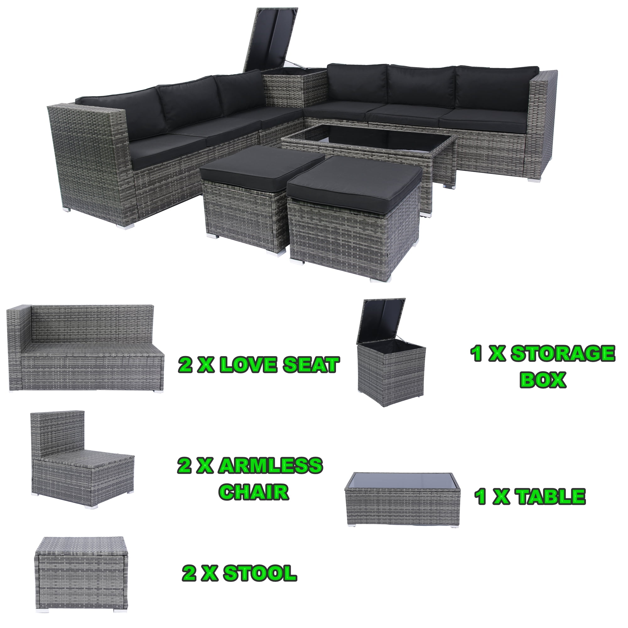 8-Piece Patio Furniture Set, All-Weather Rattan Patio Sectional Sofa Set with Storage Box & Glass Table, Configurable Outdoor Furniture for Deck, Pool, Garden, Grey & Black