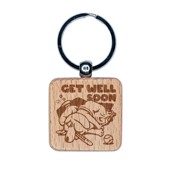 Sick Dog Get Well Soon Square Keychain Charm Tag - Engraved Wood