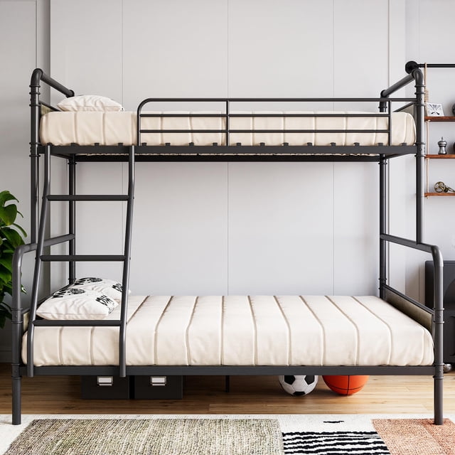 Kojooin Twin Over Full Metal Bunk Bed, Industrial Loft Frame with Guard Rails & Ladder, Vintage Brown