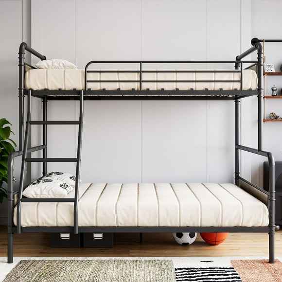Kojooin Twin Over Full Metal Bunk Bed, Industrial Loft Frame with Guard Rails & Ladder, Vintage Brown