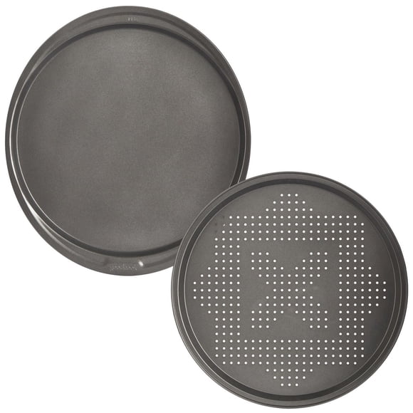 GoodCook Everyday Non Stick Coating Steel 12” Pizza Crisper promotes air flow and 12" Pizza Pan Set, Gray, Wider lip, Focaccia, Dinner Rolls, Biscuits