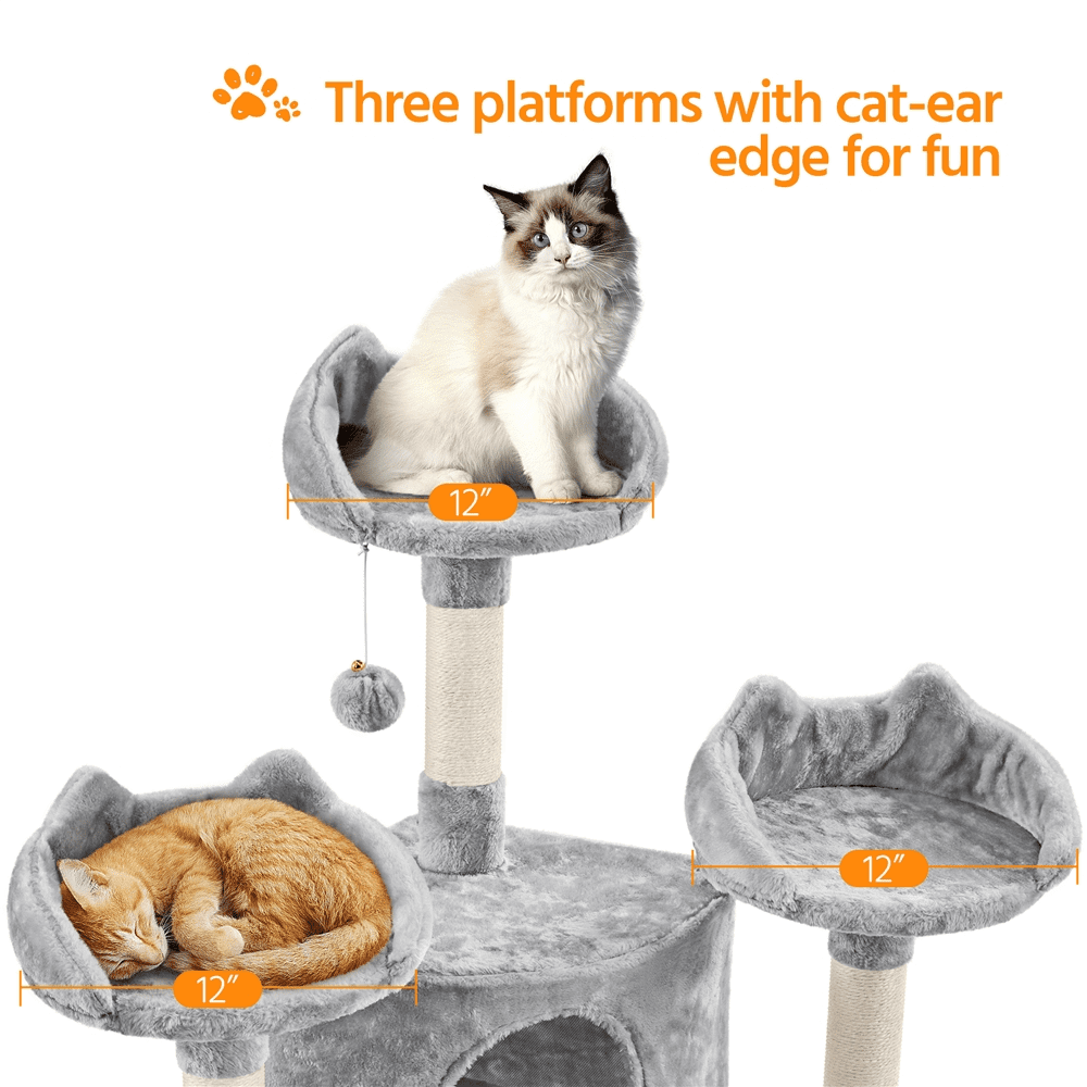 Alden Design 76.5"H Large Cat Tree Tower with 3 Condos Cozy Perches Dangling Ball, Light Gray