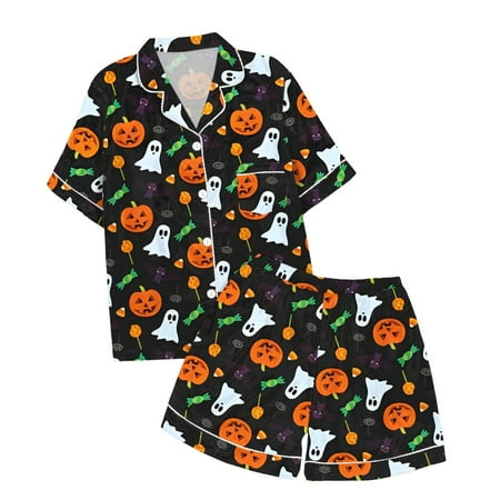 

Kids Robe Children s Leisure Halloween Printed Button Collar Short Sleeved Top Shorts Pajama Set 2-Piece Sizes 4-12(Color:Dark Purple Size:100)