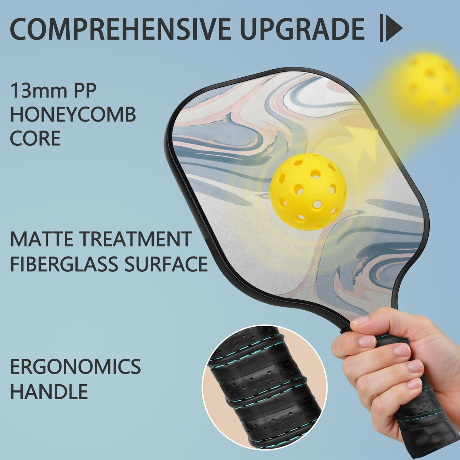 Pickleball Paddles Set Of 1, Fiberglass Surface, Liquid & Marble Print, 1 Paddles, 2 Balls & Bag