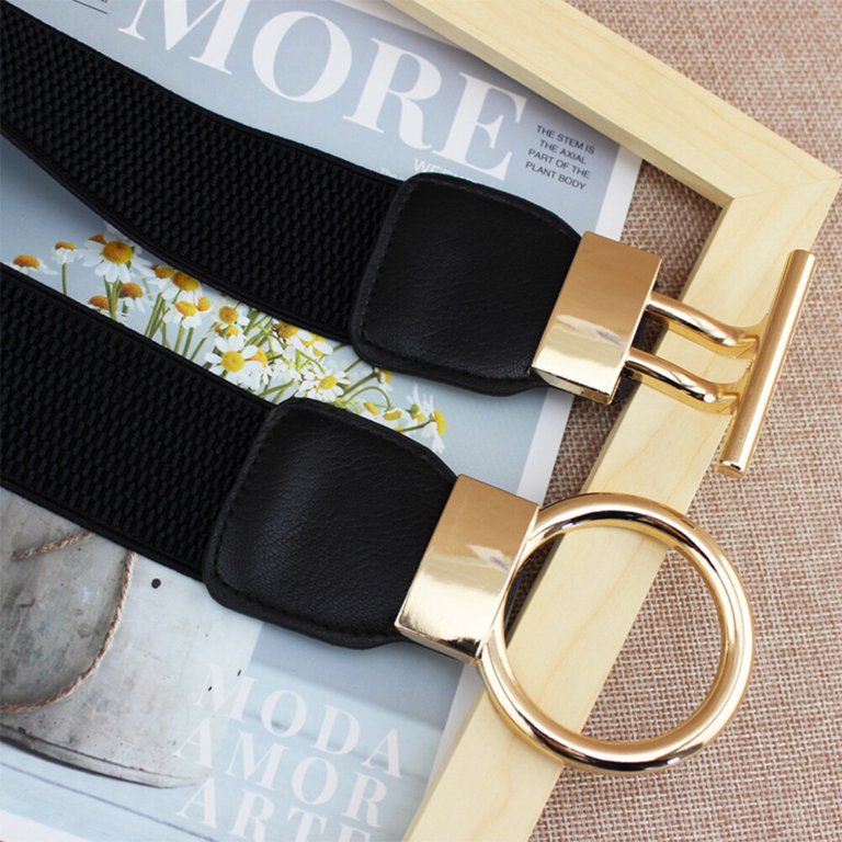 Wide Black Stretch Belt | Gold Buckle Waist Cinch | Elastic & Leather JOYMIN Women main image 2