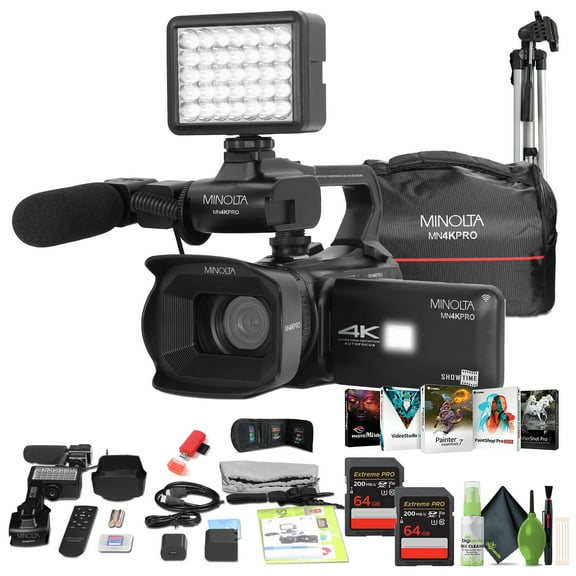 Minolta MN4KPRO 4K60FPS UHD 64 MP Autofocus Pro Camcorder Kit w/WiFi   2x 64GB Memory Card   72" Camera Tripod   USB Card Reader, SD/microSD   Corel Photo, Video, & Art Suite Deluxe
