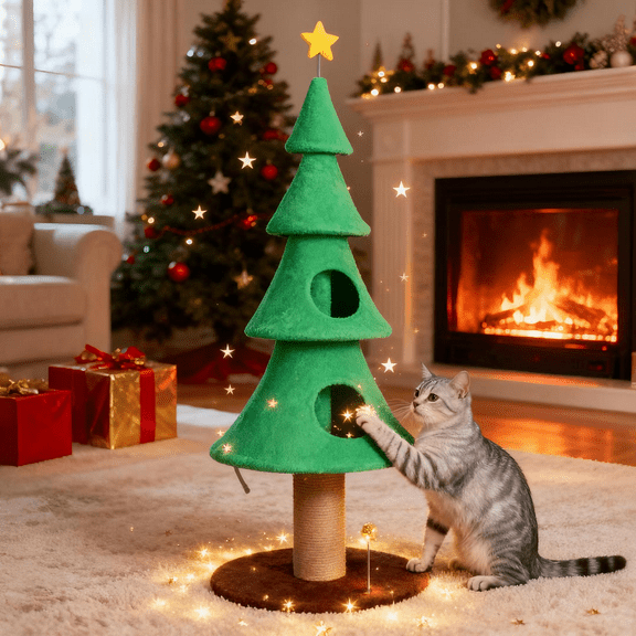 Zimtown 59in Large Tall Christmas Tree Cat Tower with 2 Cat Condos & Scratching Post, Soft Fleece Cat Tree with Teaser Toy & Sturdy Base & Built-in Openings for Indoor Cats, Green