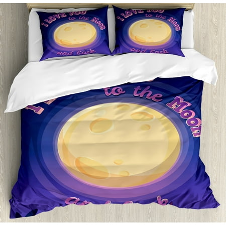 I Love You Duvet Cover Set, Vibrant Full Moon at Night Surrounded by Cherry Blossoms Spring Backdrop, Decorative Bedding Set with Pillow Shams, Dark Purple Yellow, by Ambesonne