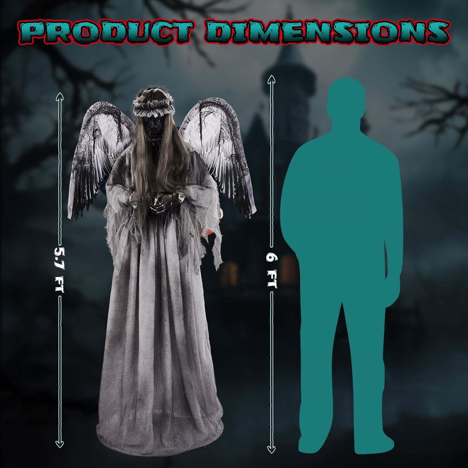 Astoutdoor 5.7 ft Halloween Weeping Angel Animatronic Decoration with Red Light-Up Eyes, Sound-Activated Motion, and Screaming Sound Effects, Battery Operated