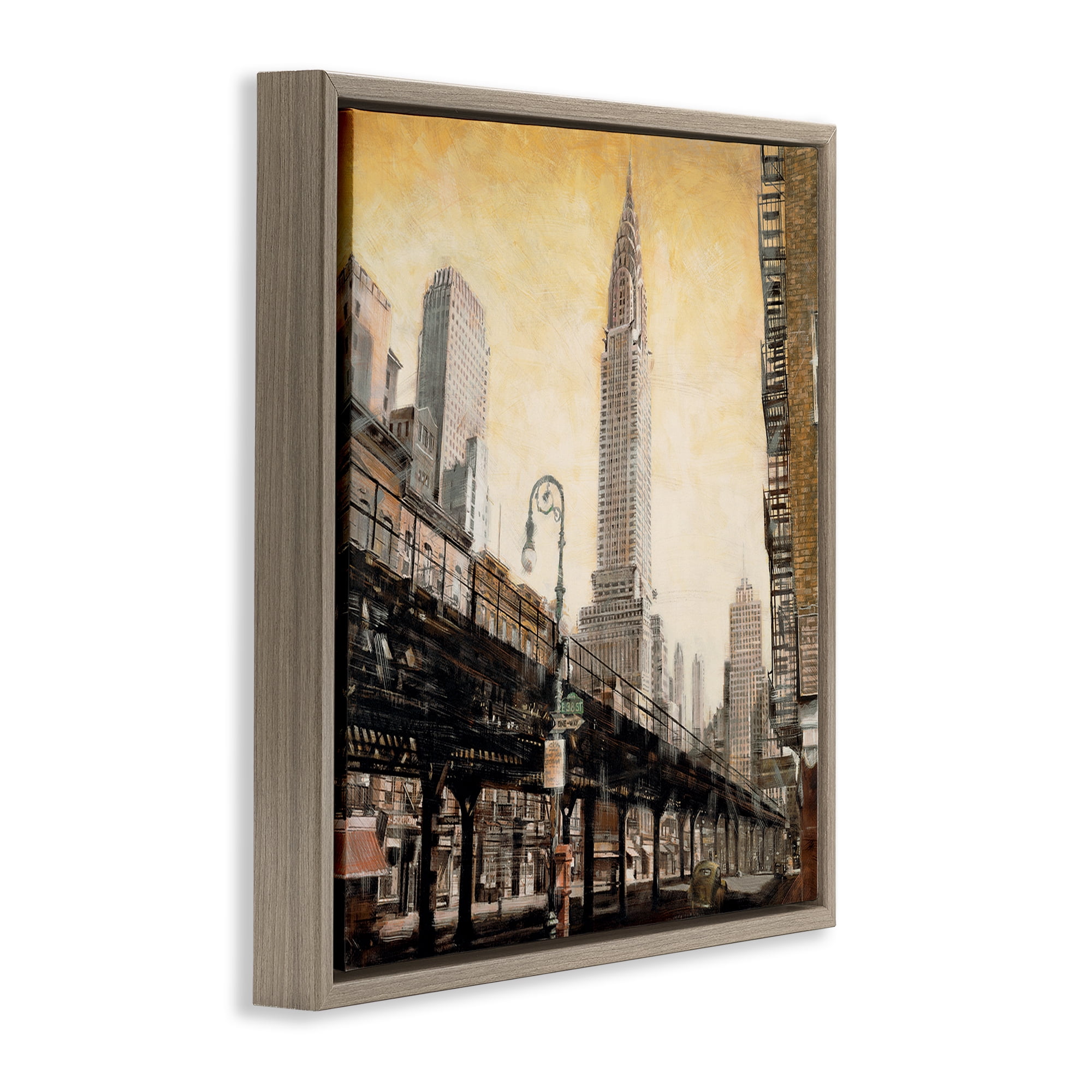 Stupell Industries Looming City Towers Scenic & Cityscapes Painting Brown Floater Framed Canvas Art Print Wall Art, 18 x 18