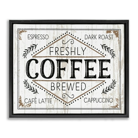 Stupell Industries Rustic Fresh Brew Coffee Sign Autumn Charm Jet Black Framed Floating Canvas Wall Art, 16x20, by Jennifer Pugh