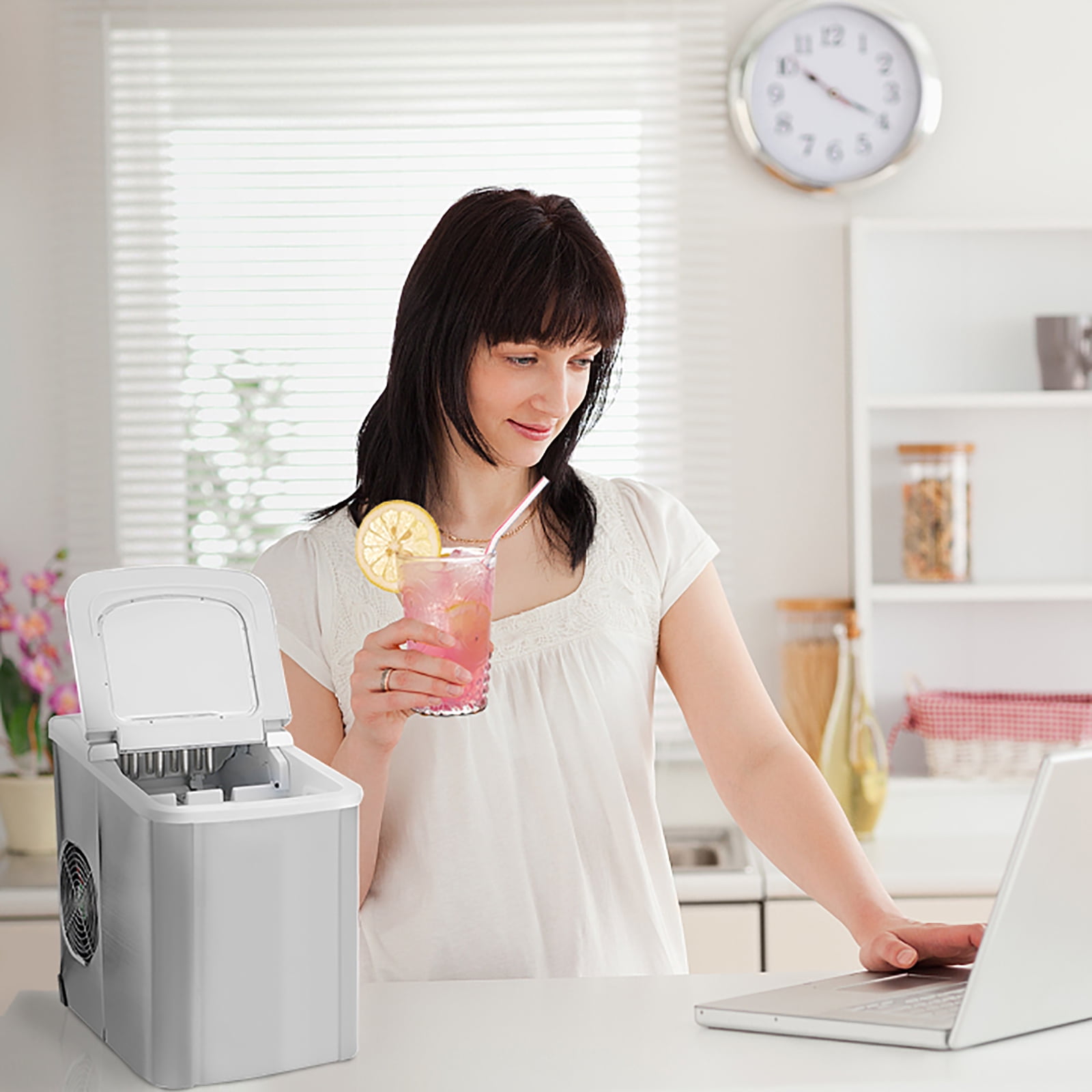 Kepooman 26lb / 24H Portable Compact Stainless Steel Electric Ice Maker for Home Office Kitchen Bar, White